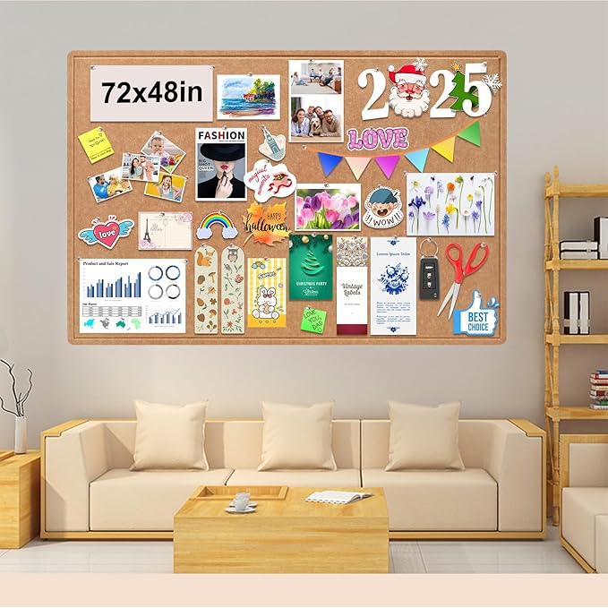 Large Bulletin Board, Foldable 72x48 Inches Cork Board Alternative, Large Felt Board Decorative Pin Board for Wall, Foldable Photo Board Self-Adhesive Vision Board with 36 Pushpins Brown