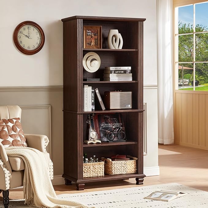 70" Tall Walnut Bookshelf,5 Tier Wooden Book Shelf with Adjustable Shelves & Wood Legs,Free Standing Farmhouse Bookcase with Open Display Storage,Vintage Bookshelves for Classroom, Office