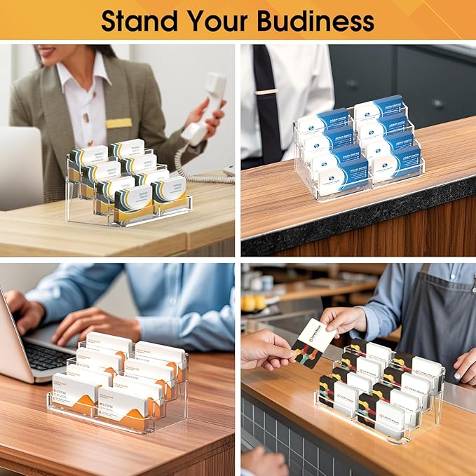 MaxGear Acrylic Business Card Holder for Desk Multiple Business Card Holders, Premium Cards Stand, Clear Plastic Cards Display Holder with 4 Tier for Exhibition, Home and Office, 8 Pocket, 8 Pack