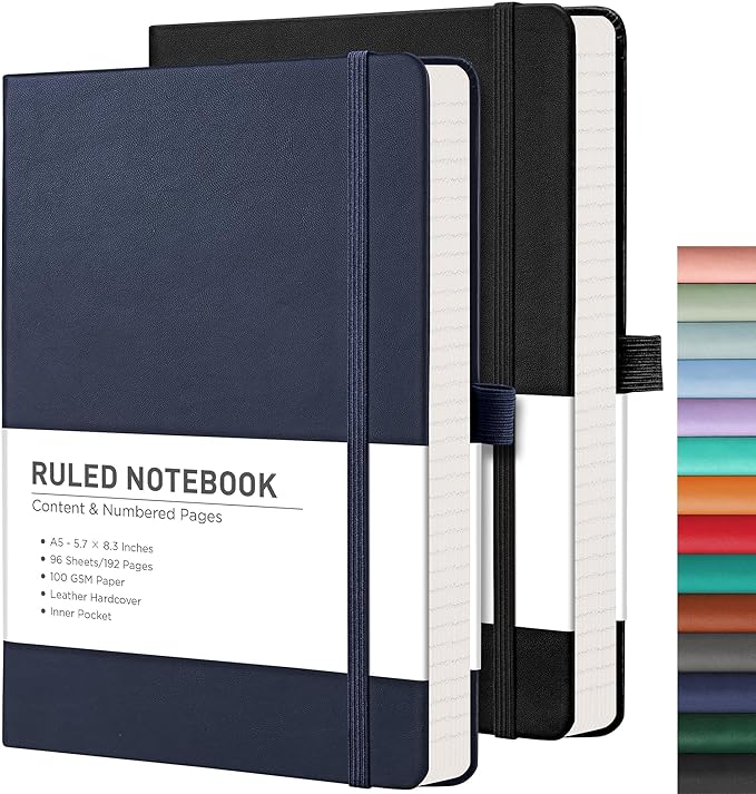 RETTACY Lined Journal Notebook, 2-Pack, 192 Numbered Pages per Pack, A5 Medium Size (5.7'' x 8.3''), for Men & Women, Writing, Work, Leather Hardcover, 100 GSM Thick Paper (Black & Navy Blue)