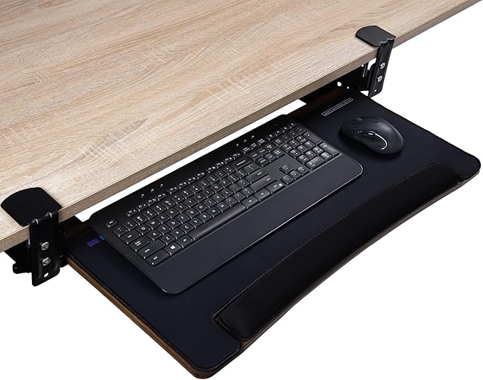 D'vine Dev Under Desk Keyboard Tray with Wrist Rest Bamboo Wood Keyboard Drawer with Full Size Mouse Pad, Walnut Color, KBT-2