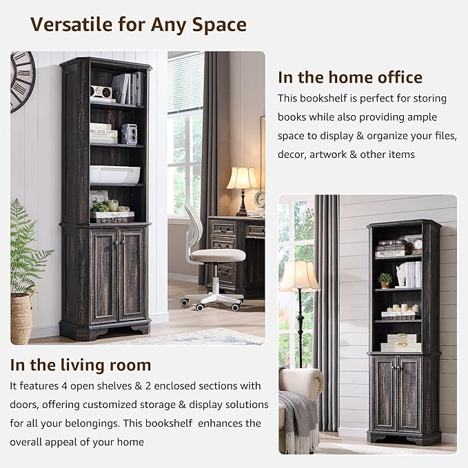 T4TREAM 6-Tier Bookshelf with Storage, 72" Tall Farmhouse Bookcase with Doors and Adjustable Shelves, Wooden Floor Standing Display Book Shelf Organizer for Home Office, Dark Rustic Oak