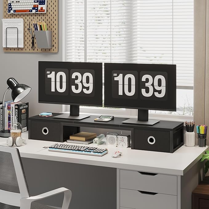 45" Large TV Riser with Fabric Drawers for 32-60 inch TV, TV Stand Riser with Steel Legs, Tabletop TV Riser Shelf, Monitor Stand Riser for Home Office, Black