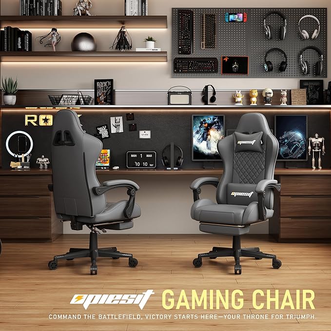 Gaming Chair,Ergonomic Computer Chairs for Adults with Footrest, PU Leather Office Chair with Adjustable Lumbar Support & Pocket Spring Cushion - Heavy Duty 400lb Capacity Gamer Chair (Grey)