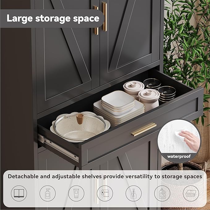 71" Tall Metal Storage Cabinet with Drawer and Adjustable Shelves,Farmhouse Kitchen Pantry Storage Cabinet with Doors,Large Wide Cabinets for Craft Room,Office,Dining Room,Bathroom(Black)