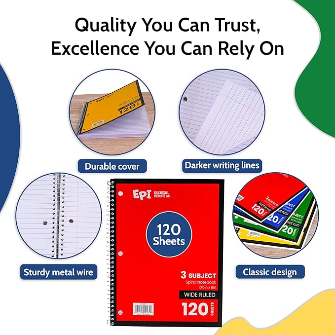 EPI Spiral Notebook | 3 Subject - Wide Ruled - 120 Sheets, Durable Spiral Binding | 10.5 x 8 in | Classroom Supplies | School, Office, Note Taking, Journaling - 36 Pack