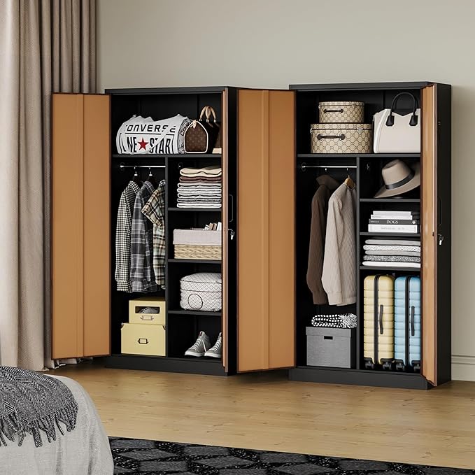 MIIIKO Metal Wardrobe Cabinet with Locking Doors, Metal Storage Armoire Closet for Clothing, 2 Door Woodgrain Locker Cabinet with Adjustable Shelves for Bedroom, Locker Room, Home Office and Garage…