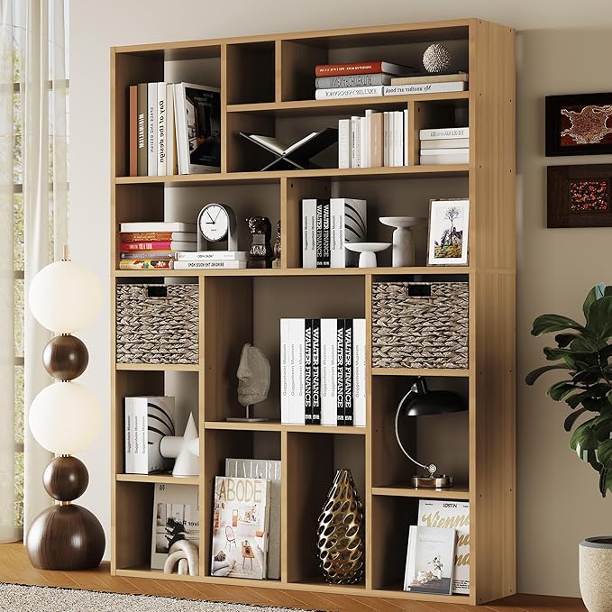 BLANKSPACE 71 Inch Tall Wooden Bookcase, 6-Tier Heavy Duty Storage Shelf with Foldable Storage Baskets - Freestanding Open Shelves for Living Room, Bedroom, Yuzu Oak