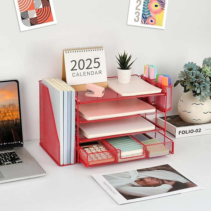 gianotter Paper Letter Tray Organizer with File Holder, 4-Tier Desk Accessories & Workspace Organizers with Drawer and 2 Pen Holder, Desk Organizers and Accessories for Office Supplies (Red)