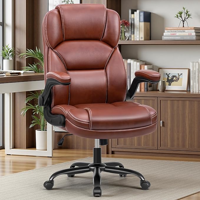 PU Leather Executive Office Chair, Ergonomic Mid-Back Computer & Gaming Chair with Adjustable Height, Rolling Swivel & Flip-Up Armrests, Comfy Padded Seat for Home Office-Brown