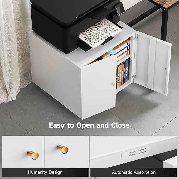 Warmiehomy Metal Printer Stand with Storage Mobile Printer Tables for Small Spaces with Door Adjustable Shelf File Cabinet on Wheels for Home Office (White)