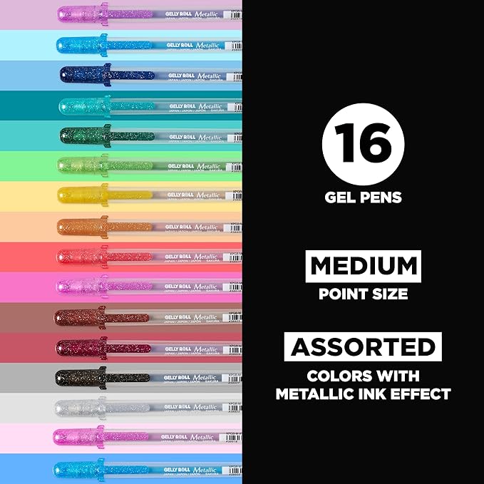 SAKURA Gelly Roll Metallic Gel Pens - Pens for Scrapbook, Journals, or Drawing - Colored Metallic Ink - Medium Line - 16 Pack