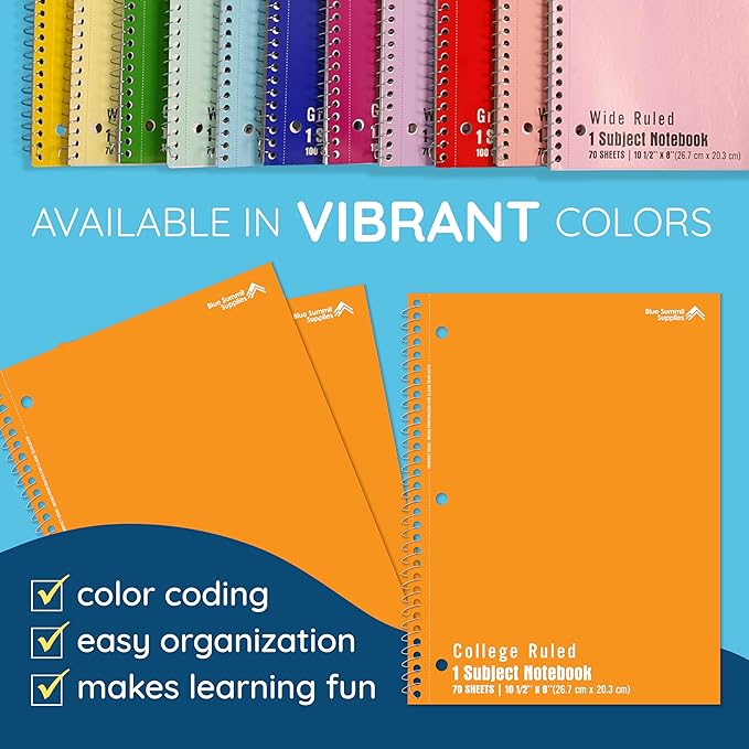 Blue Summit Orange Spiral Notebooks Bulk, One Subject Spiral Notebook College Ruled, Perforated Notebook, 8 x 10.5 for Work and School, Paper, College Ruled, Bulk 48 Pack