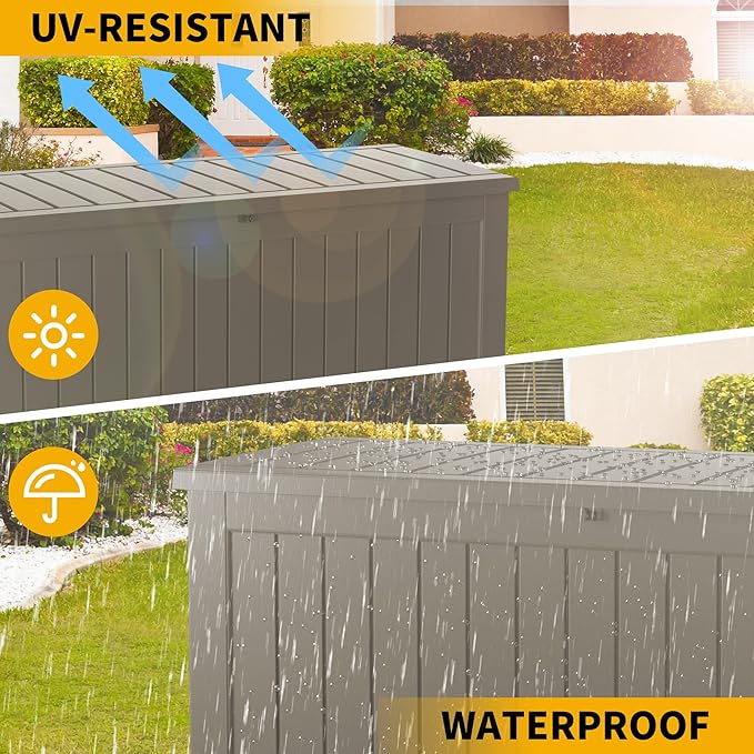 180 Gallon Resin Deck Box, Waterproof Outdoor Storage Bin for Patio Furniture, Pool Accessories, and Garden Tools, Lockable & UV-Resistant, Grey