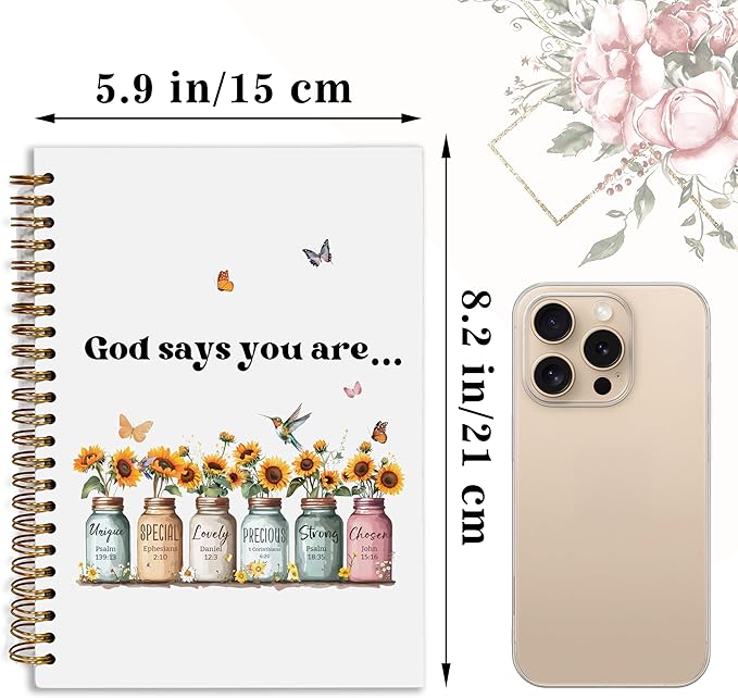 Bible Notebook, A5 Spiral Christian Journal with Sunflower Notebook, Bible Verse-God Says You Are, Inspirational Notebooks for Women, Bible Study, Gift for Birthday Christmas, Office Supplies