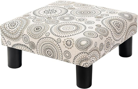 Joveco Small Foot Rest Stool Ottoman, Square Upholstered Fabric Footstool for Couch, Under Desk, Office, Living Room, Mandala Beige