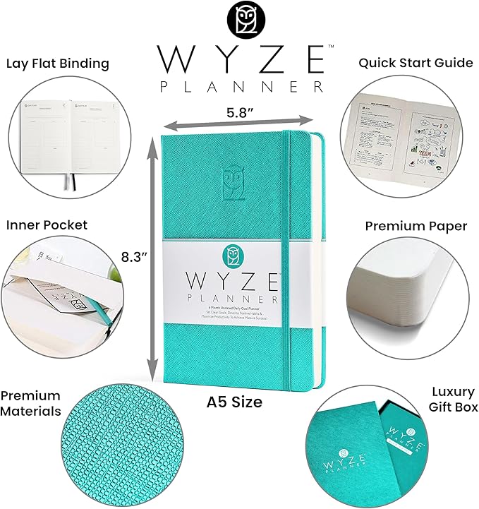 Undated Daily Planner – 6-Month A5 Productivity Organizer with Full Page Per Day, Hourly Schedule, Goal Setting, Habit Tracker, Weekly & Monthly Pages – Hardcover Time Management Notebook (Turquoise)