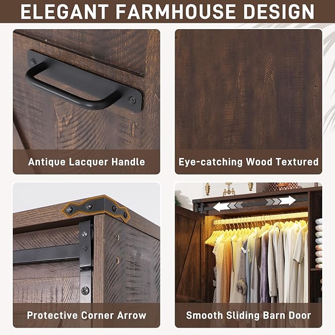 Farmhouse 3 Doors Armoire Wardrobe Closet w/Folding Sliding Barn Door and Lights, LED Armoire Closet w/Drawers for Bedroom, Freestanding Wooden Wardrobe Storage Closets w/Hanging Rod,Rustic Brown