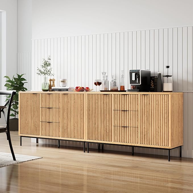 Real Relax Fluted Sideboard Cabinet, Sideboard Buffet Cabinet with Storage, Modern Credenza 2 Doors 3 Drawers, Coffee Bar Buffet Table for Dining Room, Kitchen, and Living Room, Oak