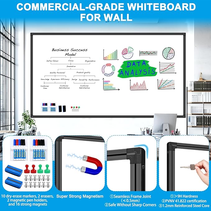 H-Qprobd 96"x48" White Board for Wall Commercial-Grade Large Magnetic Dry Erase Board with with All Kits, 4'x8' Presentation Whiteboard for Office, Gov't, Classroom & Conference Rooms, Home