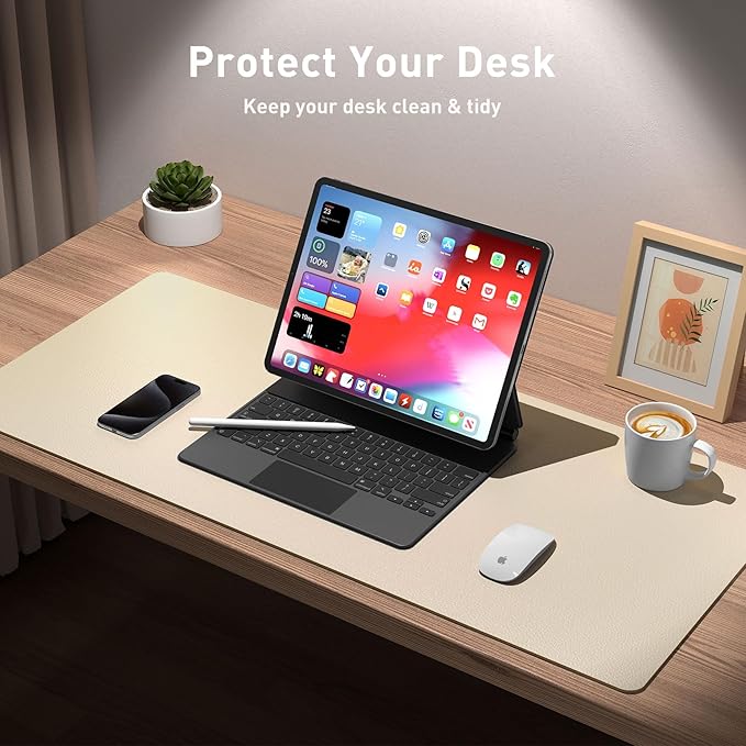 Aothia Leather Desk Pad Protector, Large Mouse Pad, Office Mat, Non-Slip PU Leather Blotter, Laptop Desk Pad, Waterproof Writing Pad for Office and Home (Beige, 23.6" x 13.7")