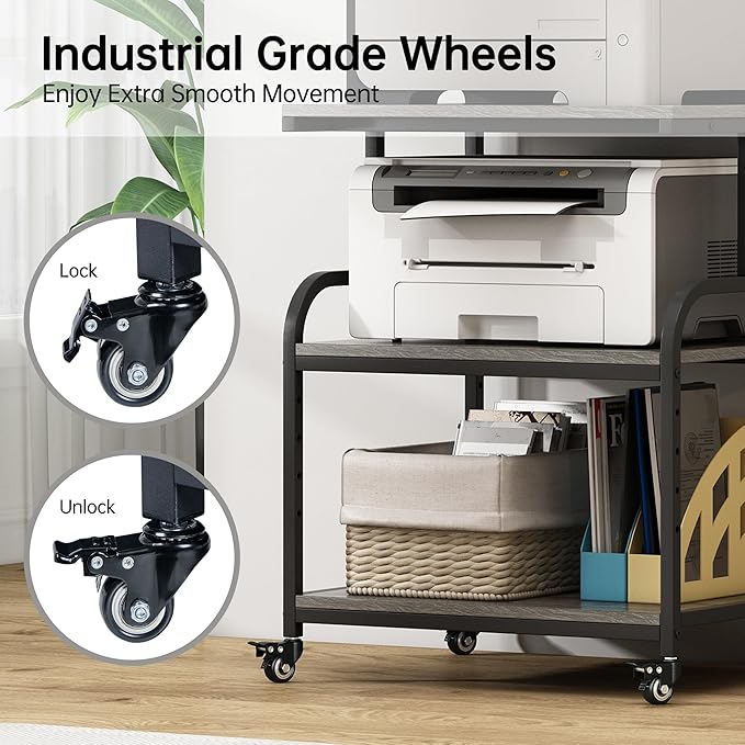 Large Printer Stand Table 23.6 x18.9 x 30 Inches with Height Adjustable Storage Shelf, 3 Tier Rolling Printer Cart with Wheels for Home Office, Gray