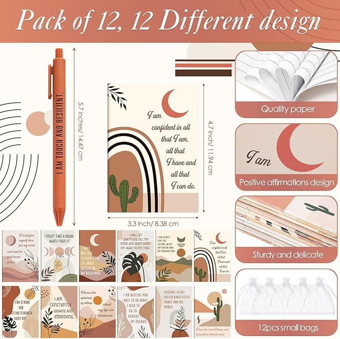 Mooliwe 12 Set/24 Pcs Positive Affirmation Gift Set Gratitude Notebooks with Pens Small Bags Motivational Encouragement Notepads Daily Affirmations Journal for Women Stress Relief Self Care(Rainbow)