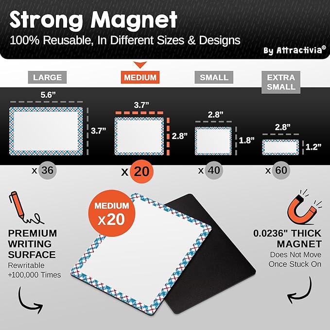 Dry Erase Magnetic Labels 3.7 x 2.8 in, Pattern Borders, Medium Dry Erase Magnets, 20-Pack, Colored Erasable Write-On All-Purpose Labels, for Office, Education, Home, Whiteboard