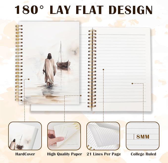 Qabliqo Watercolor Christian Jesus Spiral Notebooks, Jesus Walking on Water Journals for Writing, Prayer Journal, Christian Gifts for Women Men, Religious Notebook for Note Taking, 5.5x8.3 Inch