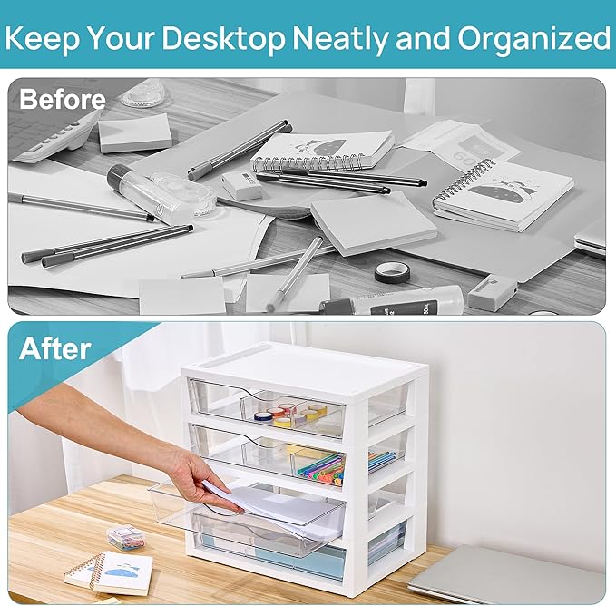 Vtopmart Clear Desk Organizer, 4-Tier Assemble Desktop File Organizer with Drawers, Office Desk Organization for Office Supplies