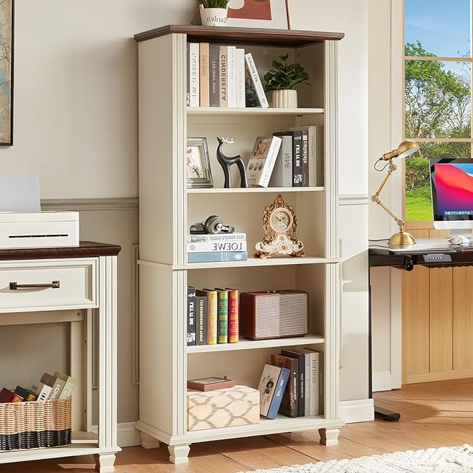 70" Tall White Bookshelf,5 Tier Wood Book Shelf with Adjustable Shelves & Wood Legs,Free Standing Farmhouse Bookcase with Open Display Storage,Vintage Kids Bookshelves for Nursery,2PCS