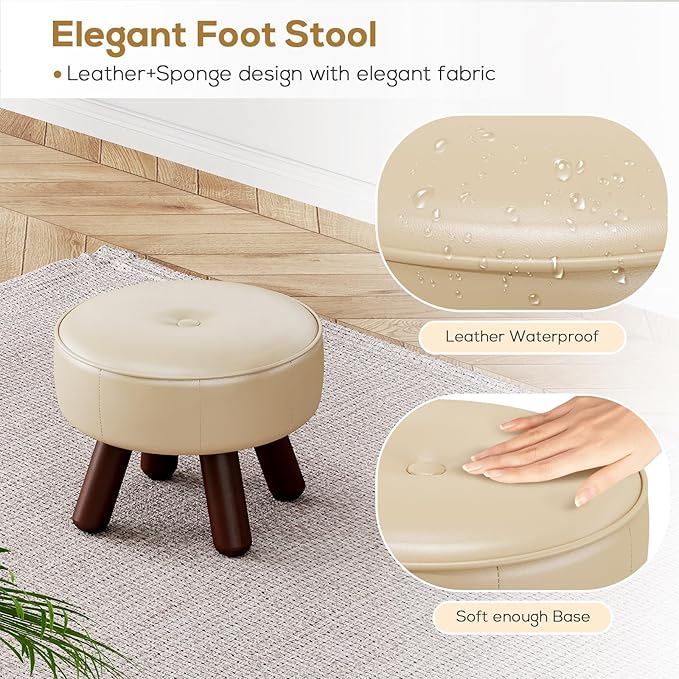 Small Foot Stool 13in, Round Faux Leaher Ottoman Foot Rest for Living Room, Under Desk Footstool Foot Rest with Non-Skid Rubber Legs for Bedroom, Entryway, 13''L x 13''W x 10.2''H, White