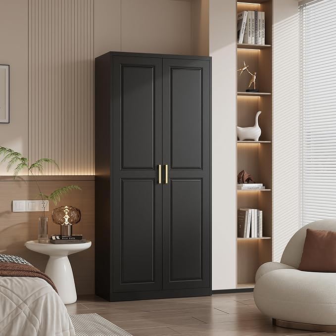 Metal Armoire Wardrobe Closet with Hanging Rod, 71" Tall Wardrobe Cabinet for Clothes, Black Clothing Storage Cabinet with Doors and Shelves, Large Wardrobes for Bedroom-Assemble Required