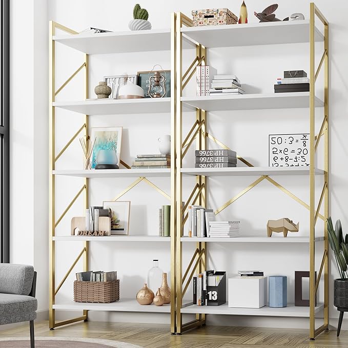 Shintenchi 2 Pieces 5 Tiers Bookshelf, Classically Tall Bookcase Shelf, Industrial Book Rack, Modern Book Holder in Bedroom/Living Room/Home/Office, Storage Rack Shelves for Books/Movies-Gold