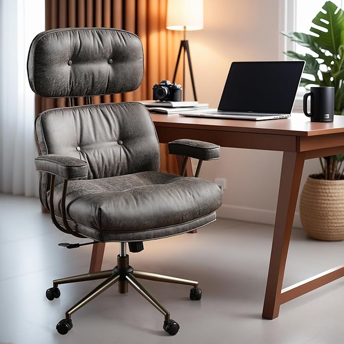 ovios Home Office Chair, Mid-Century Modern Faux PU Leather Chairs with Lumbar Support Comfy Thick Cushion, High Back Ergonomic Swivel Rolling Executive Armchair (Dark Grey, Suede Leather)