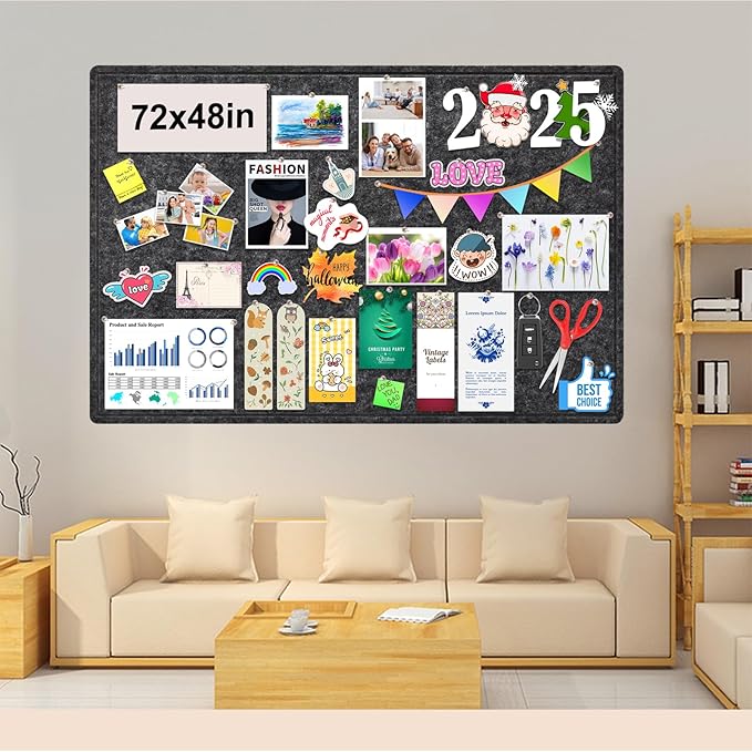 Large Bulletin Board, Foldable 72x48 Inches Cork Board Alternative, Large Felt Board Decorative Pin Board for Wall, Foldable Photo Board Self-Adhesive Vision Board with 36 Pushpins Dark Gray