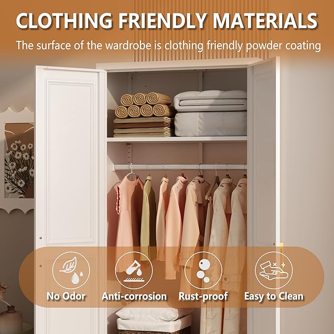 Metal Armoire Wardrobe Closet with Doors and Shelves, 71" Tall Freestanding Wardrobe Cabinet for Hanging Clothes, Large Closet with Hanging Rod for Bedroom, White, Assemble Required