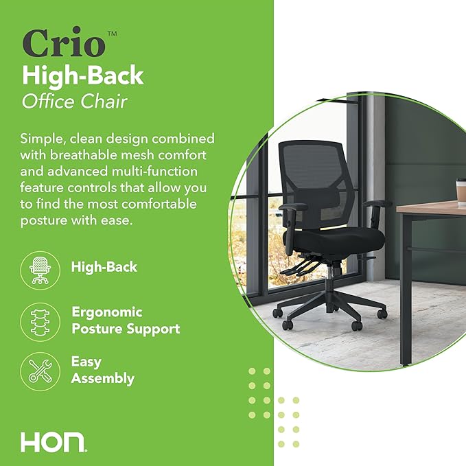HON Crio High Back Office Chair, Ergonomic Office Chair with Adjustable Arms and Back Support, 360 Swivel, ASynchro-Tilt Recline, Black