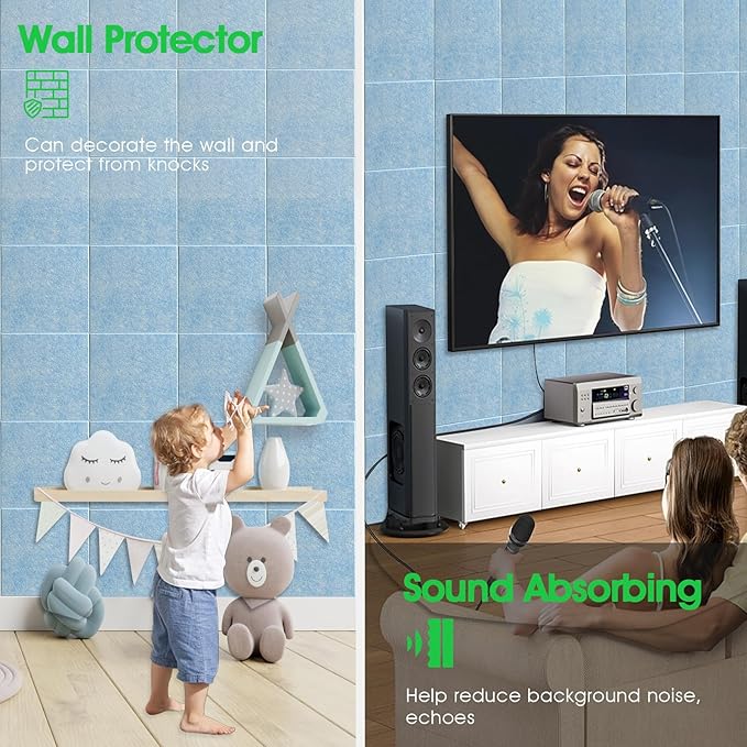 Large Cork Board for Office Wall Decor,48"x36"-12 Pack Felt Wall Tiles with 35 Push Pins, Thicker 0.47in, Felt Bulletin Board Pin Board Cork Boards for Walls - Light Blue