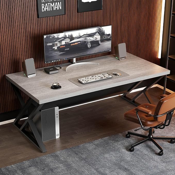LVB Large Home Office Desk, Long Industrial Computer Desk, Metal Wood Writing Study Computer Table for Student, Big Modern Executive Simple Gaming Work Desk for Bedroom, Light Grey, 60 Inch