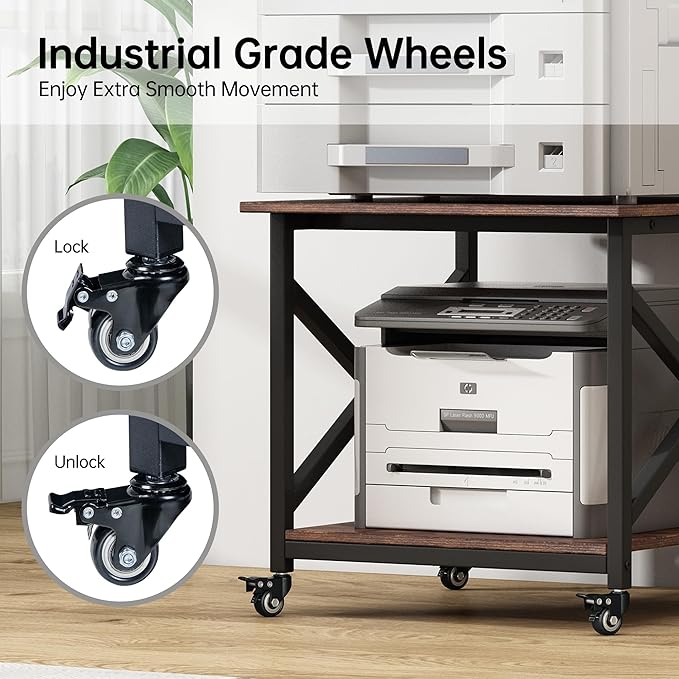 Large Printer Stand, 23.6 x 23.6 x 22.6 Inches Square Printer Table with Storage Shelf, 2 Tier Rolling Printer Cart with Industrial Wheels for Home Office - Rustic Brown