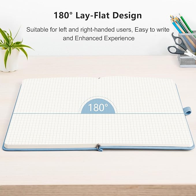RETTACY Graph Grid Paper Notebook, 192 Pages, A5 Medium Size (5.7'' x 8.3''), 5 Squares per Inch, Leather Hardcover, 100 GSM Thick Paper, for School, Students, Math, Engineering (Light Blue)
