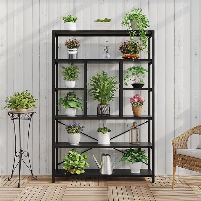 LVB 6 Tier Tall Black Bookshelf, Modern Large Wide Book Rack Storage, Industrial Wood Metal Etagere 6 Shelf Bookcase, Farmhouse Open Display Book Shelf Organizer for Bedroom Living Room Office, Black