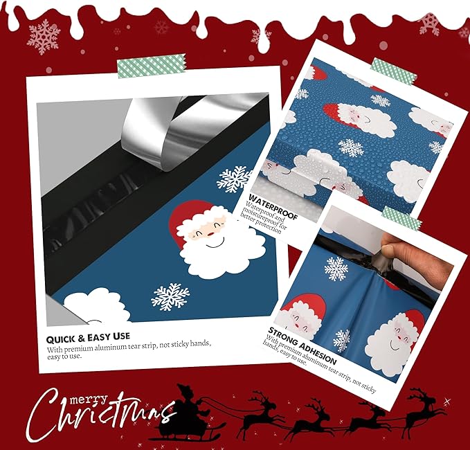 Christmas Poly Mailer - 10x13 Inch, 25 Pcs Waterproof, Tear-Resistant Mailer Bags with Self-Seal - Santa Claus and Snowflakes Printed