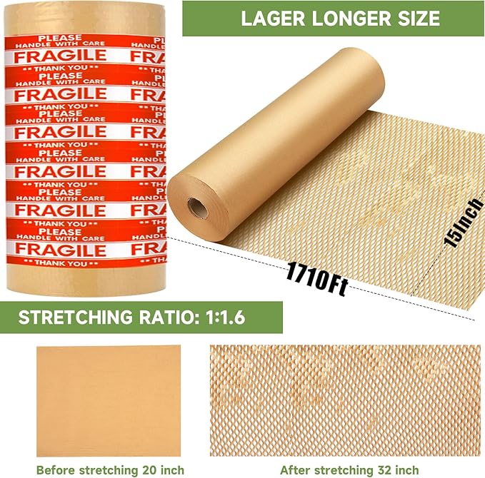Honeycomb Packing Paper Wrap 15''x20520" (1710 ft), Substitute Alternative for Bubble Cushioning Wrap for Moving Shipping Packaging, Recyclable Moving Supplies with 48 Fragile Sticker Labels