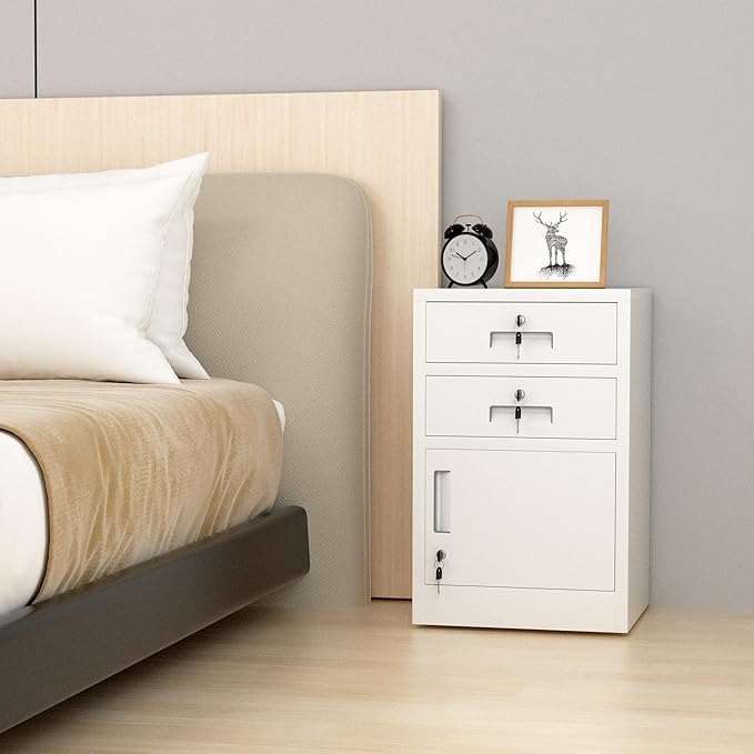 Metal Storage Cabinet with Locking Door and 2 Lockable Drawers for Home Office Bedroom Living Room (White)