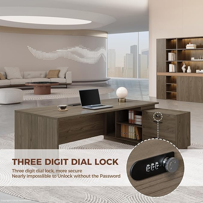 L-Shaped Executive Desk with Reversible Cabinets, Lockable Drawers & Cable Management – Large Wood Office Desk for Home or CEO Office(Black Walnut,63" L*32" W*30" H)