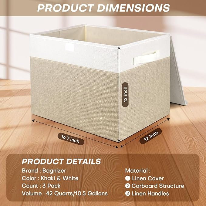 Large 17" 42 Quarts Collapsible Stackable Storage Bins with Lids [3-Pack] Foldable Fabric Linen Storage Boxes Cube, Closet Organizer Baskets with Label (16.7 x 12 x 12", Beige & White)