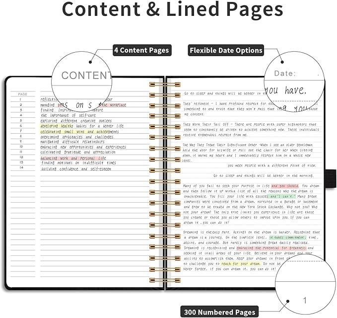 EMSHOI Spiral Notebook College Ruled, 300 Numbered Pages, B5 Large Hardcover Leather, 100 GSM Thick Lined Journal for Women Men Work Writing Journaling Note Taking, 7.48" x 10.15", Black