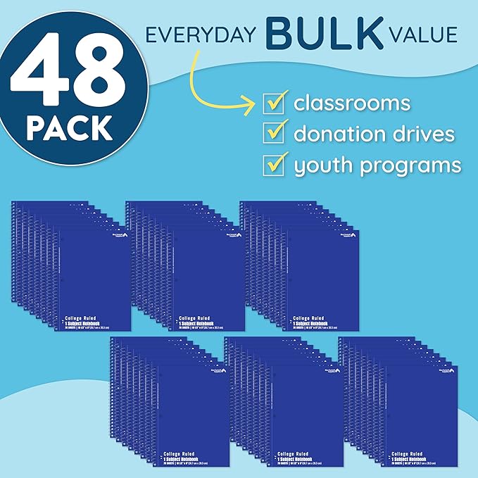 Blue Summit Blue Spiral Notebooks Bulk, One Subject Spiral Notebook College Ruled, Perforated Notebook, 8 x 10.5 for Work and School, Paper, College Ruled, Bulk 48 Pack